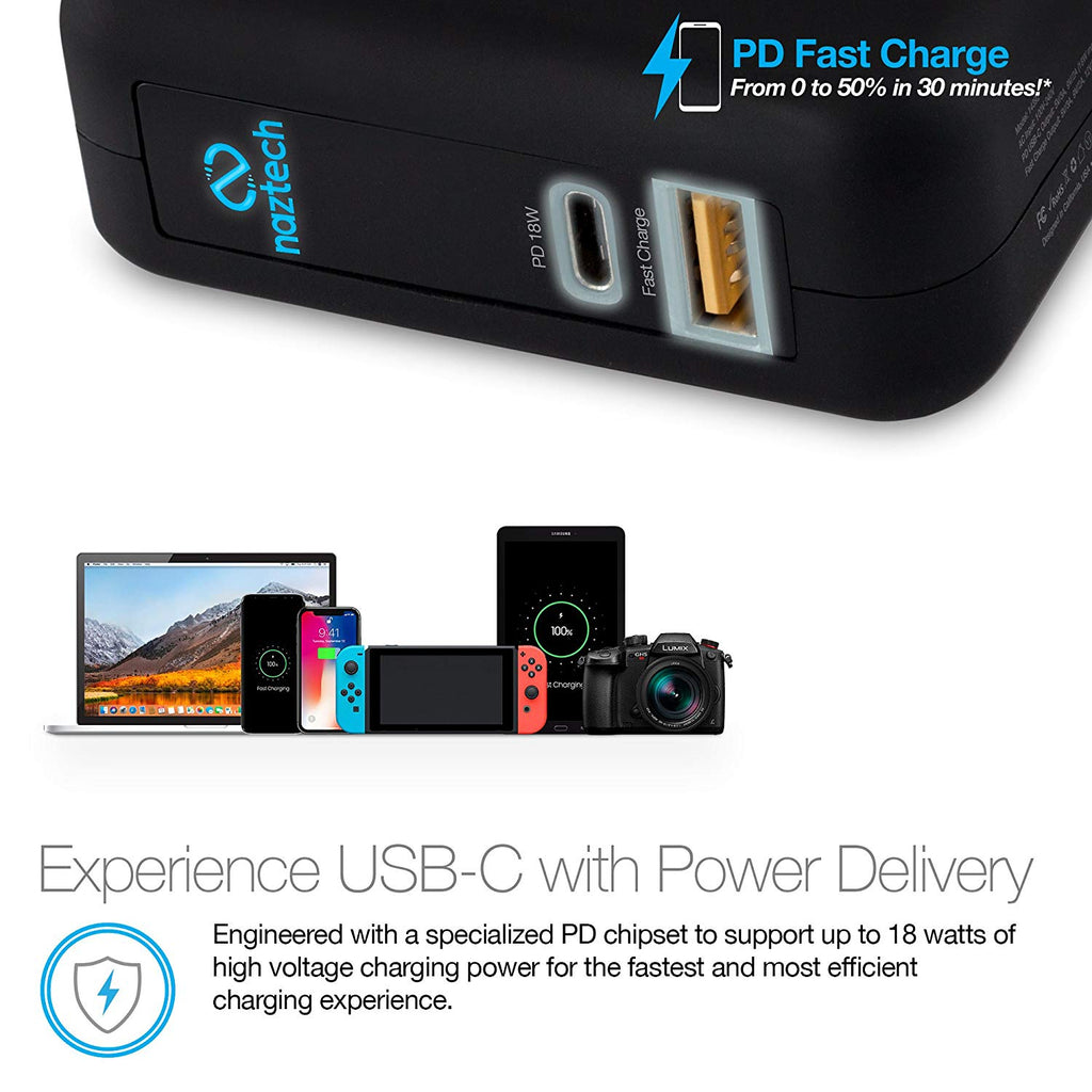 Naztech 18W USB-C PD + Adaptive Fast Wall Charger - Universal Micro USB, Dual ports for iPhone X/8/8 Plus +, MacBook,iPad, Samsung S9/S9+ and higher/S8/S8+/Note8,Notebook, Nexus 6/5,LG G5 & More