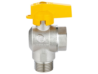 Angeled ball valve for gas, male/female threads, aluminium handle LL1092A